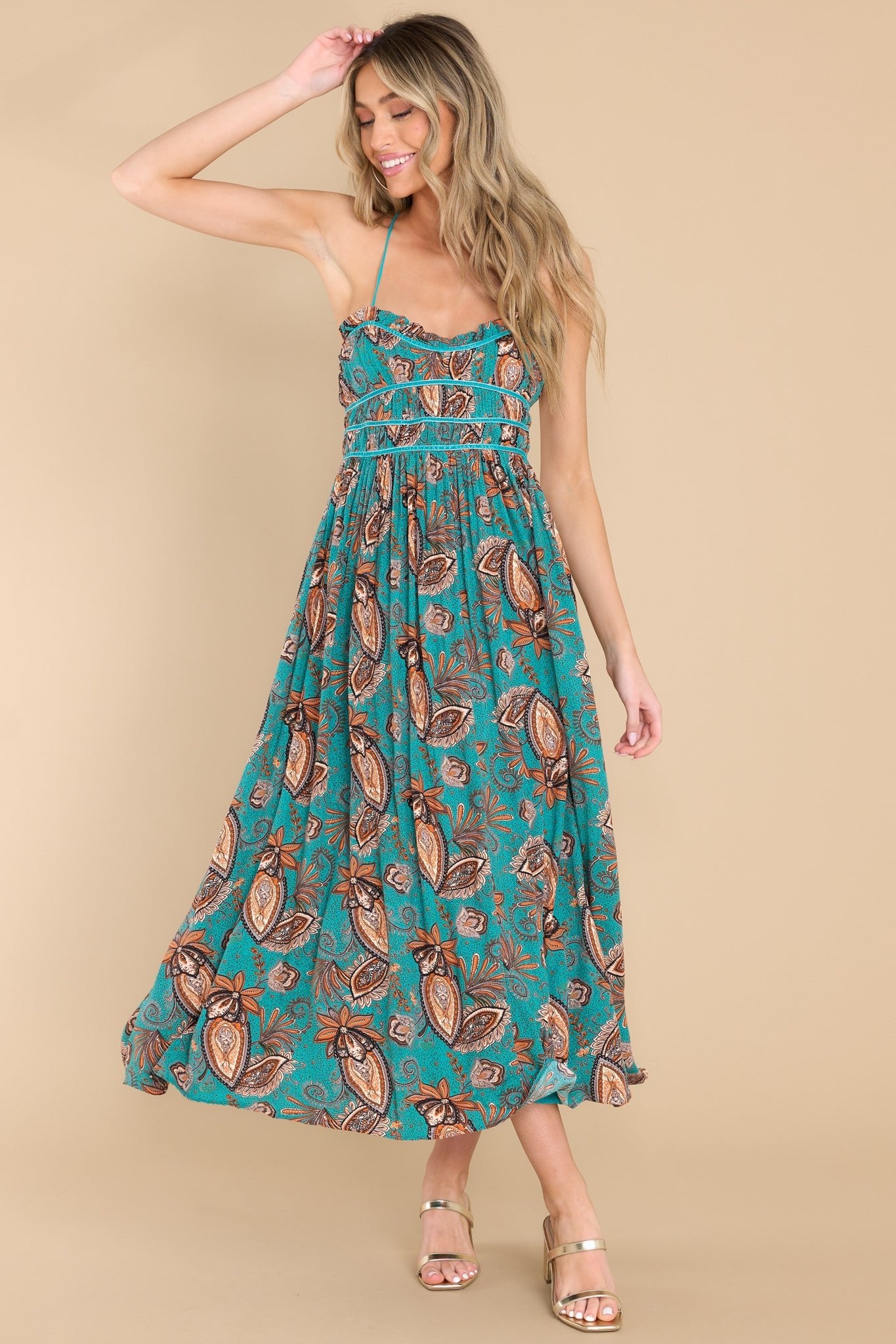 Timeless Moments Turquoise Blue Floral Print Midi Dress - Red Dress