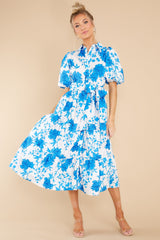 Timeless Touch White And Blue Floral Print Midi Dress - Red Dress