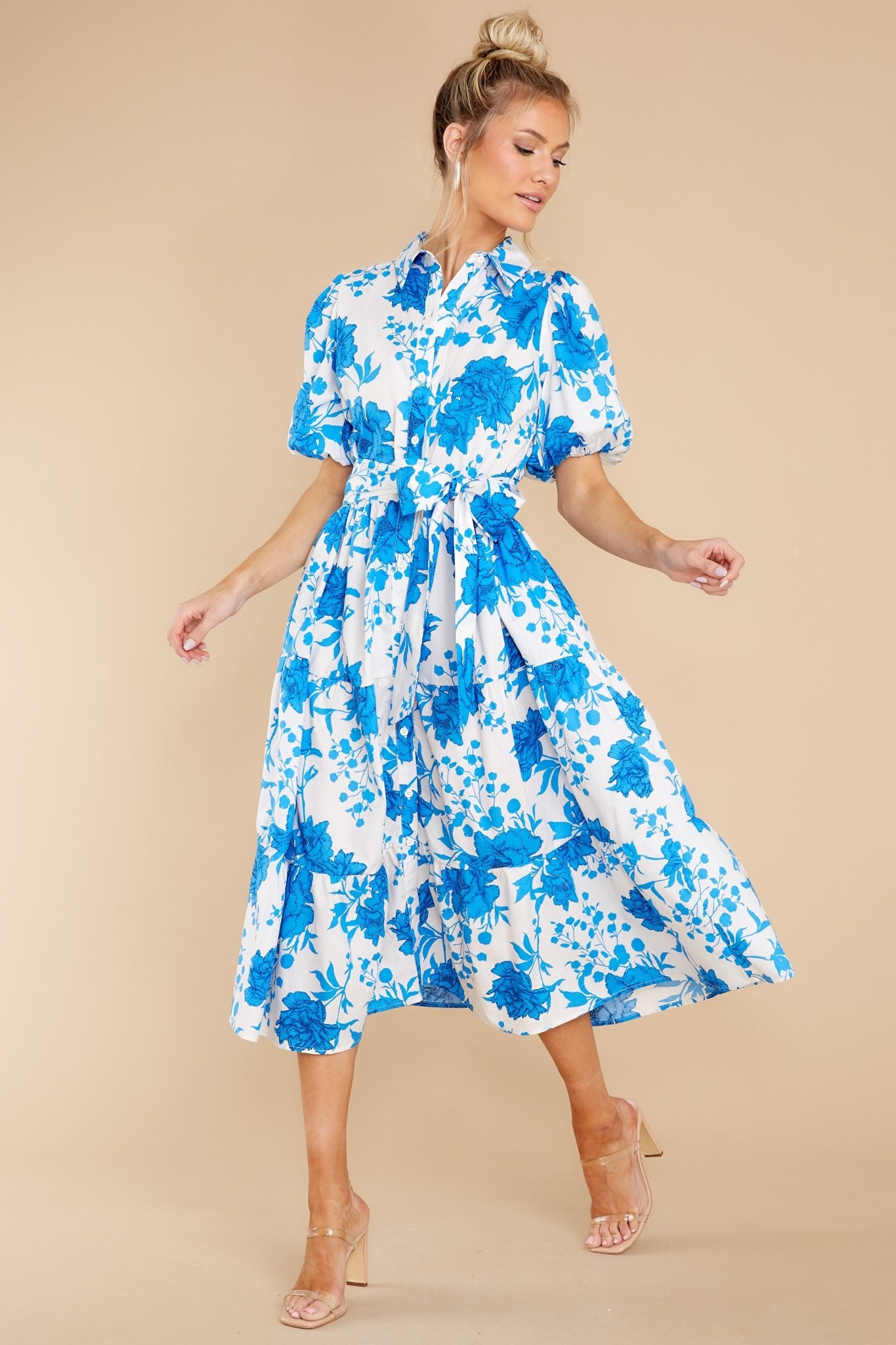 Timeless Touch White And Blue Floral Print Midi Dress - Red Dress